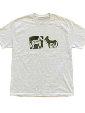 White Graphic T-Shirt with Green Horse Print